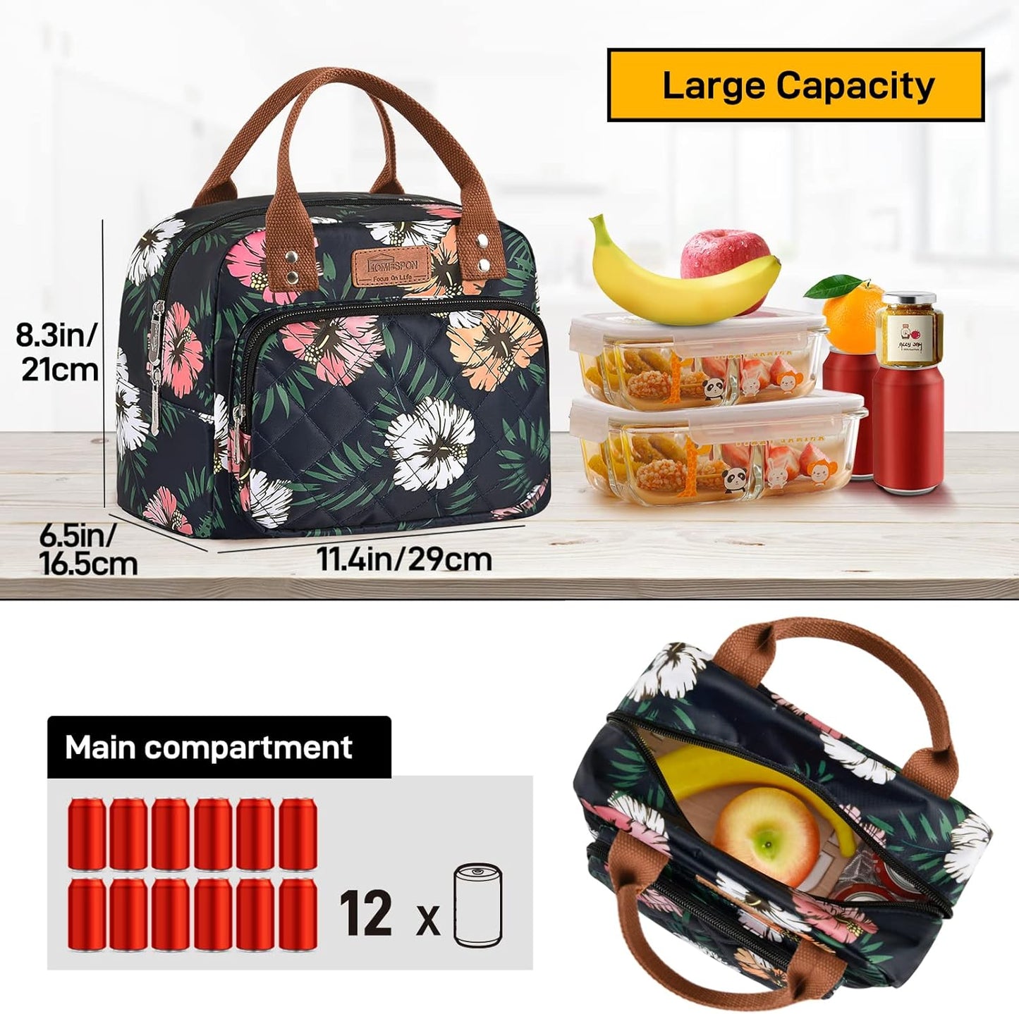HOMESPON Lunch Bag for Woman Man Adults with Front Pocket Insulated Lunch Tote Lunch Box Container for Work Picnic or Travel(Black)