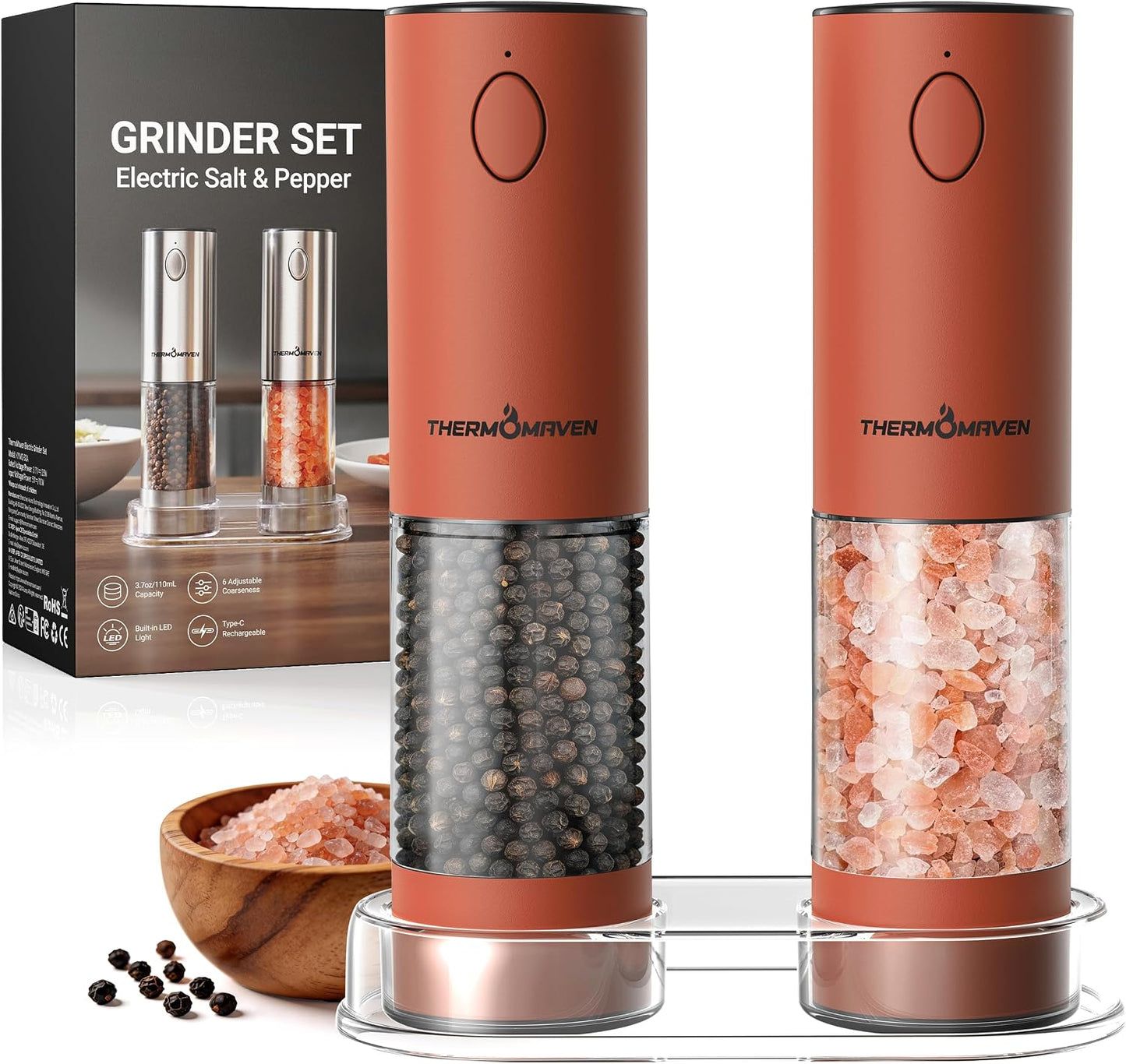 ThermoMaven Electric Salt and Pepper Grinder Set, 110ml Larger Rechargeable Automatic Salt and Pepper Mill Grinder with 6 Adjustable Coarseness, Electric Salt and Pepper Shakers, LED, 2 Packs, Silver