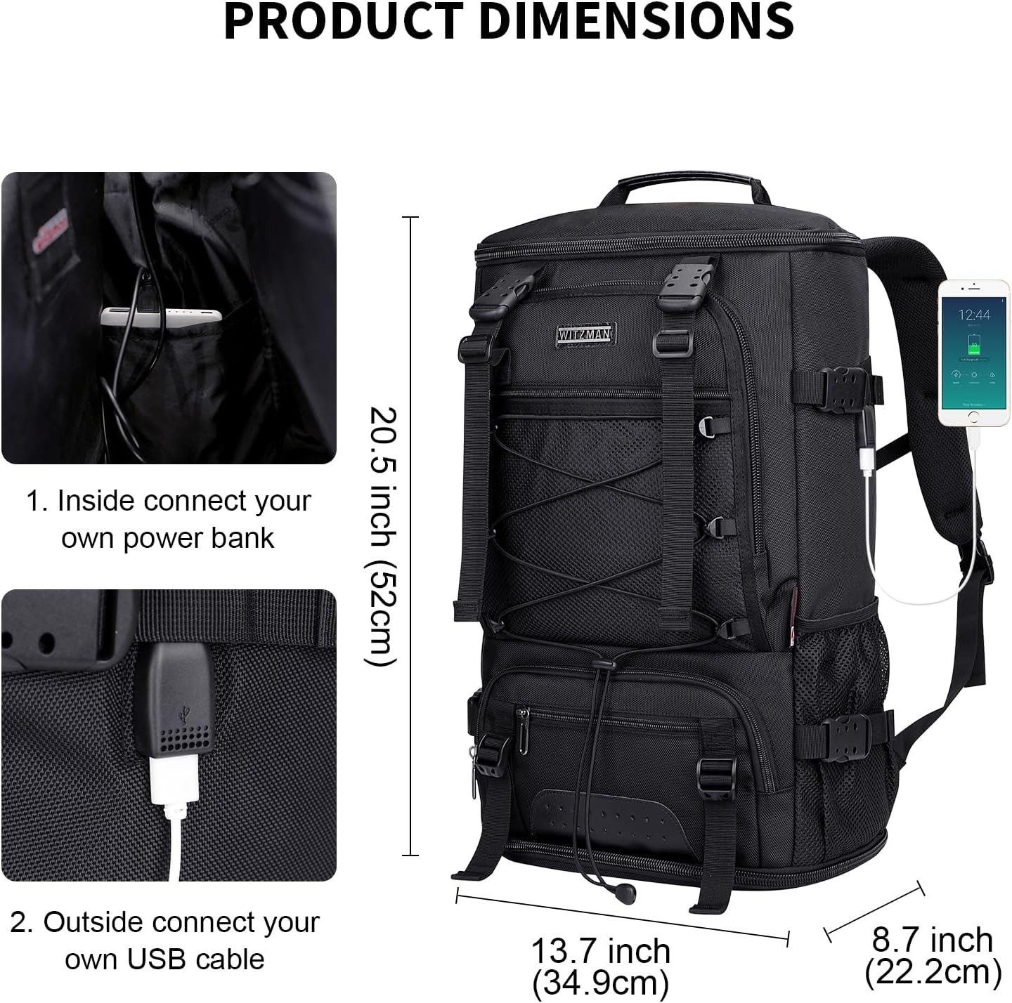 WITZMAN Travel Backpack for Men Large Carry on Backpack Convertible 3 in 1 Bags with Shoe Compartment Fit 17 Inch Laptop(B689 Black)