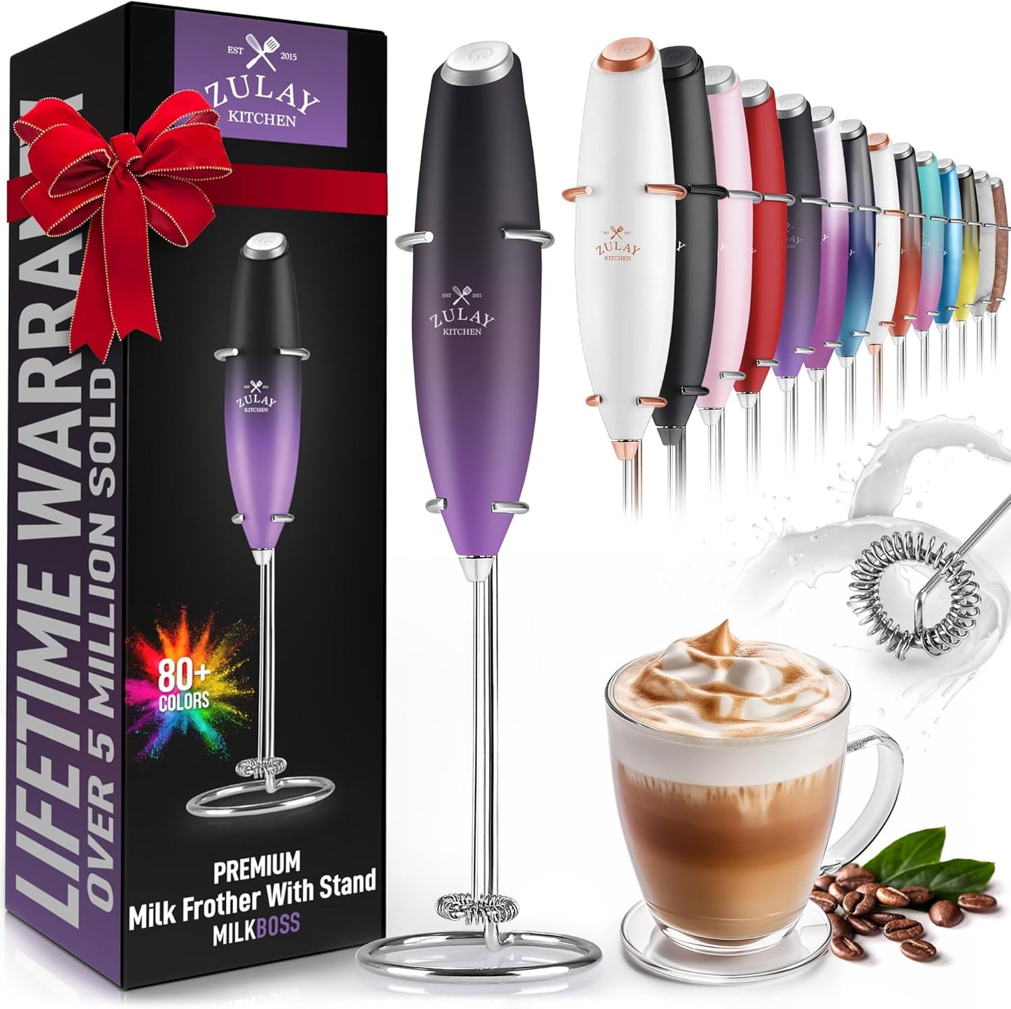 Zulay Kitchen Powerful Double Whisk Milk Frother Handheld - Foam Maker with Stand - Whisk Drink Mixer for Coffee, Mini Foamer for Latte, Matcha, Frappe, Hot Chocolate & Cappuccino (Black)