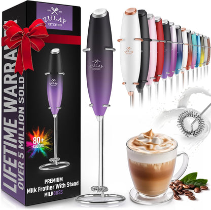Zulay Kitchen Powerful Double Whisk Milk Frother Handheld - Foam Maker with Stand - Whisk Drink Mixer for Coffee, Mini Foamer for Latte, Matcha, Frappe, Hot Chocolate & Cappuccino (Black)
