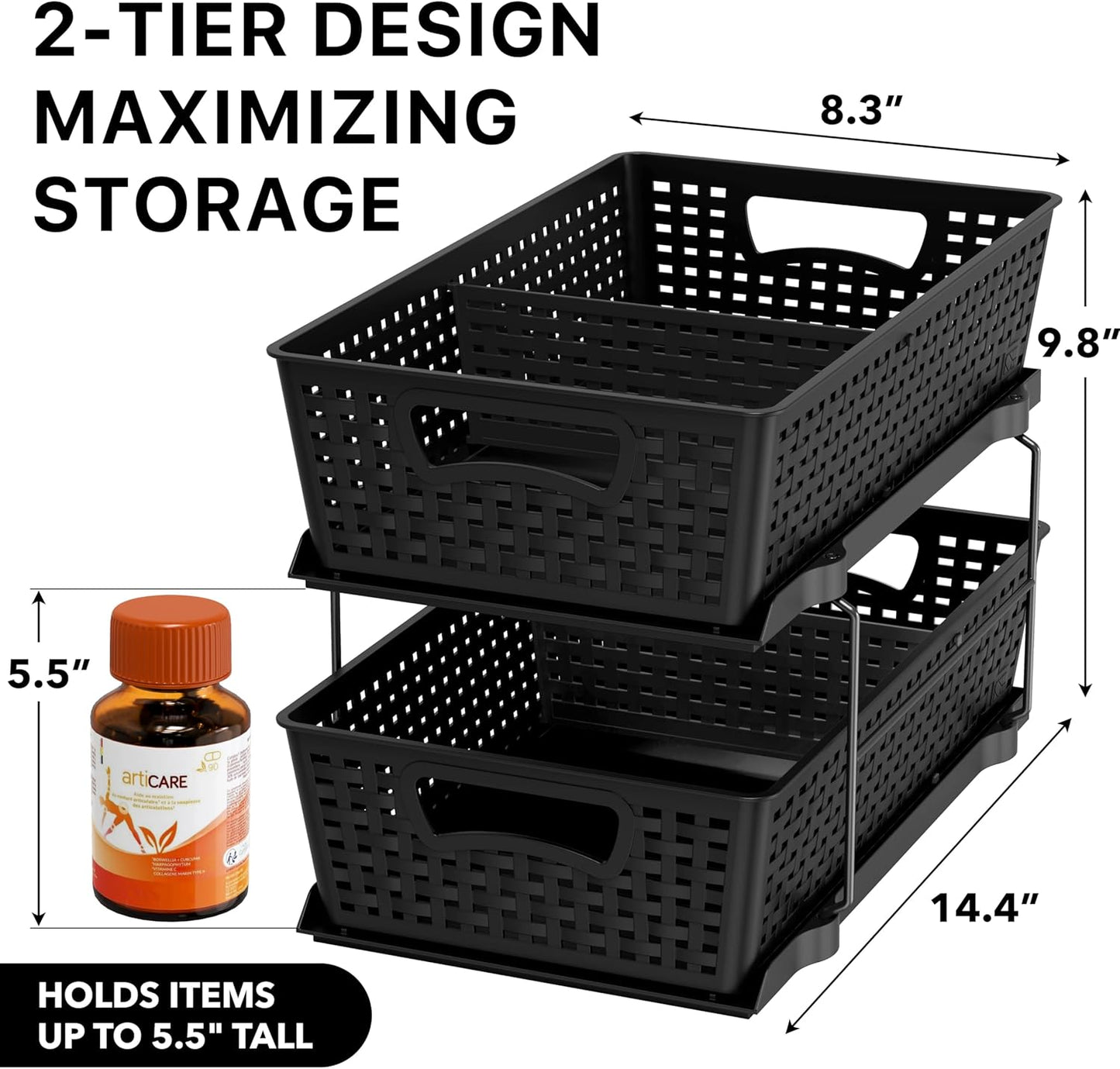 2 Tier Pull-Out Bathroom Organizer with Sliding Drawers, Under Sink Storage Rack, Black - PuriLite