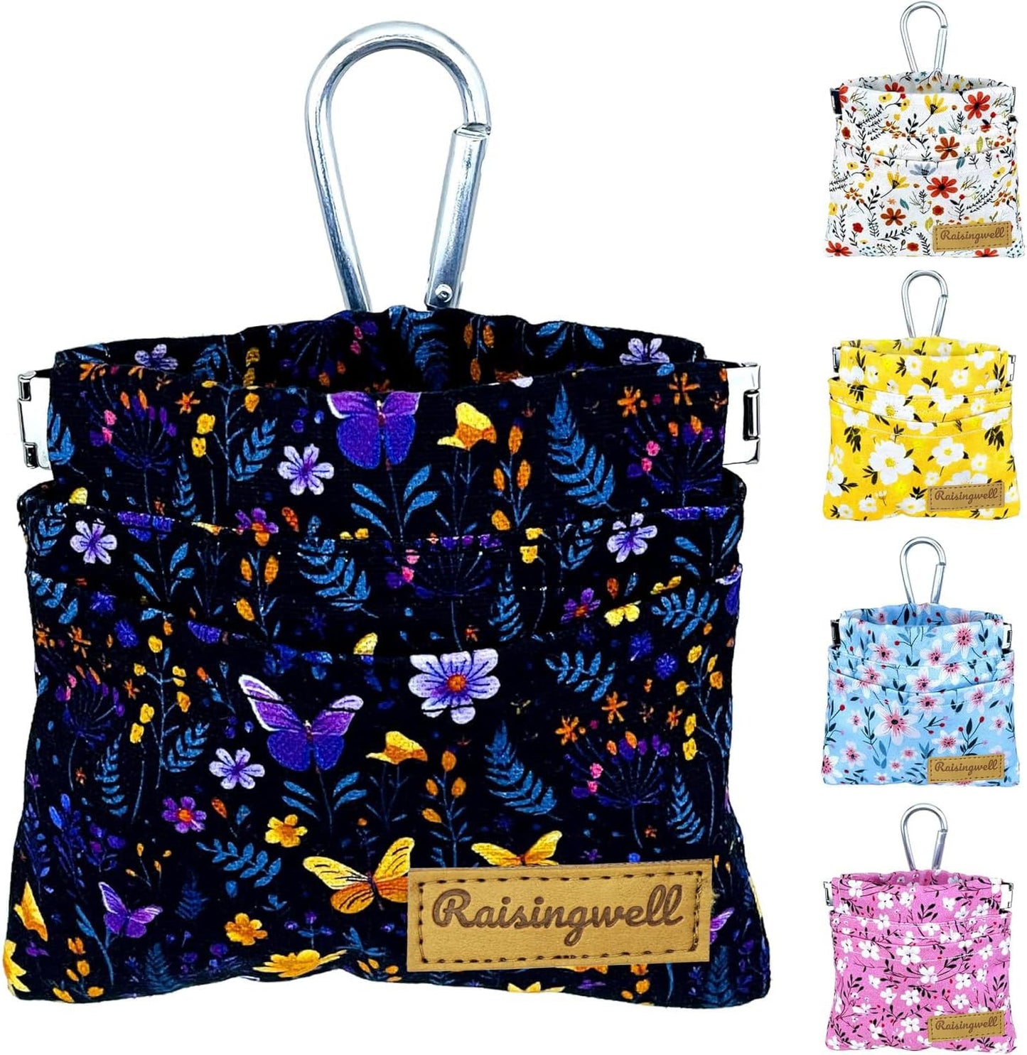 Raisingwell Dog Treat Pouch, Black Pocket Sized Pet Training Pouch, Cotton Fabric, Hand Free Dog Walking Bag with Carabiner, Self-Closing Pet Feed Snack Reward, for Pet Puppy Travel or Outdoor Use