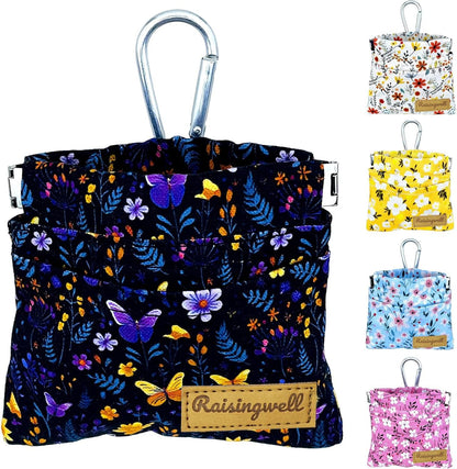 Raisingwell Dog Treat Pouch, Black Pocket Sized Pet Training Pouch, Cotton Fabric, Hand Free Dog Walking Bag with Carabiner, Self-Closing Pet Feed Snack Reward, for Pet Puppy Travel or Outdoor Use