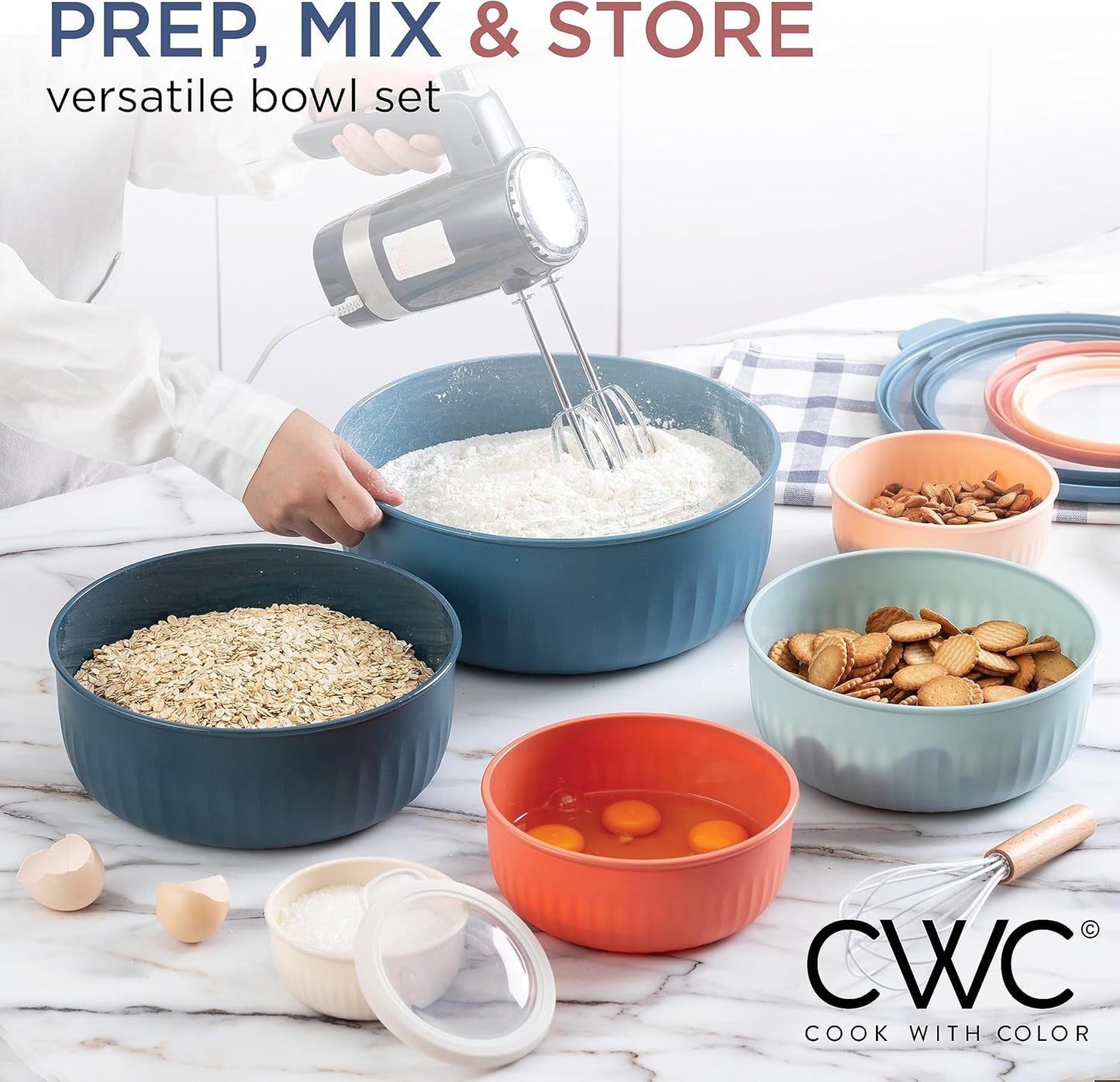 COOK WITH COLOR Prep Bowls with Lids- 8 Piece Nesting Plastic Small Mixing Bowl Set with Lids (Teal Ombre)