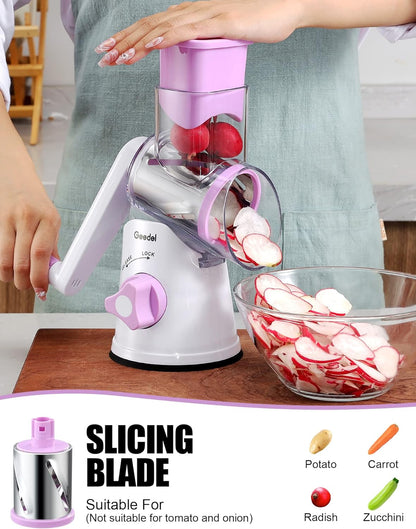 Geedel Kitchen Cheese Grater, Rotary Mandoline Vegetable Slicer with Interchangeable Blades, Easy to Use Rotary Grater Slicer for Fruit, Vegetables, Nuts