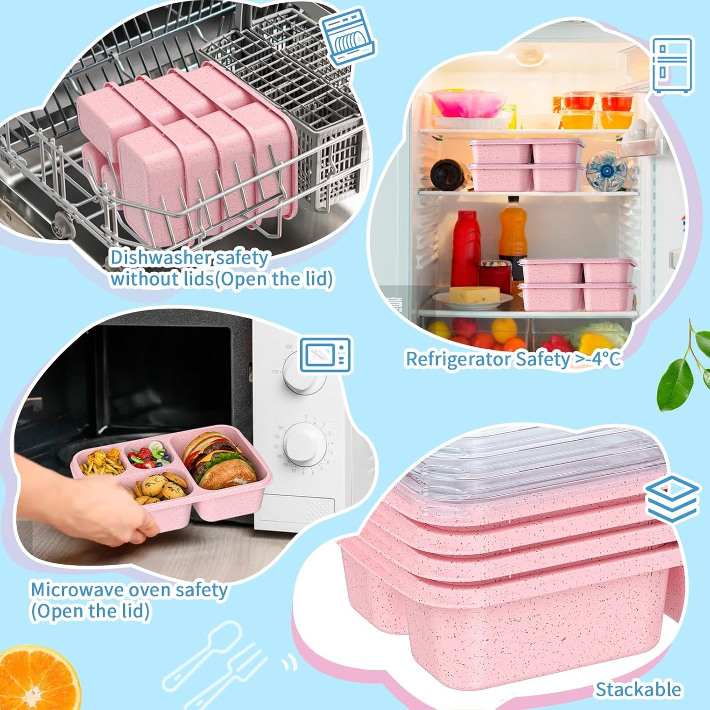 Large Capacity Bento Box for Adults, 4-Piece Set – Stackable Lunch Box with 4 Compartments, Microwave & Dishwasher Safe, Reusable Meal Prep Containers, Snack Containers for Kids & Adults (4 Colors)