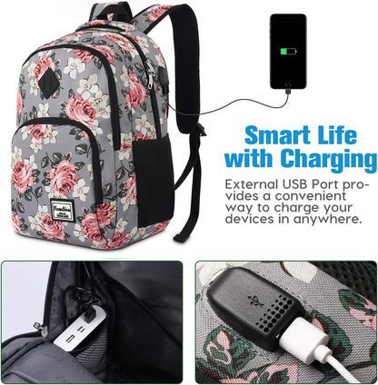 Backpack for Teen Girls,Boys School Backpack for Women with USB,College Backpack,Big Flower