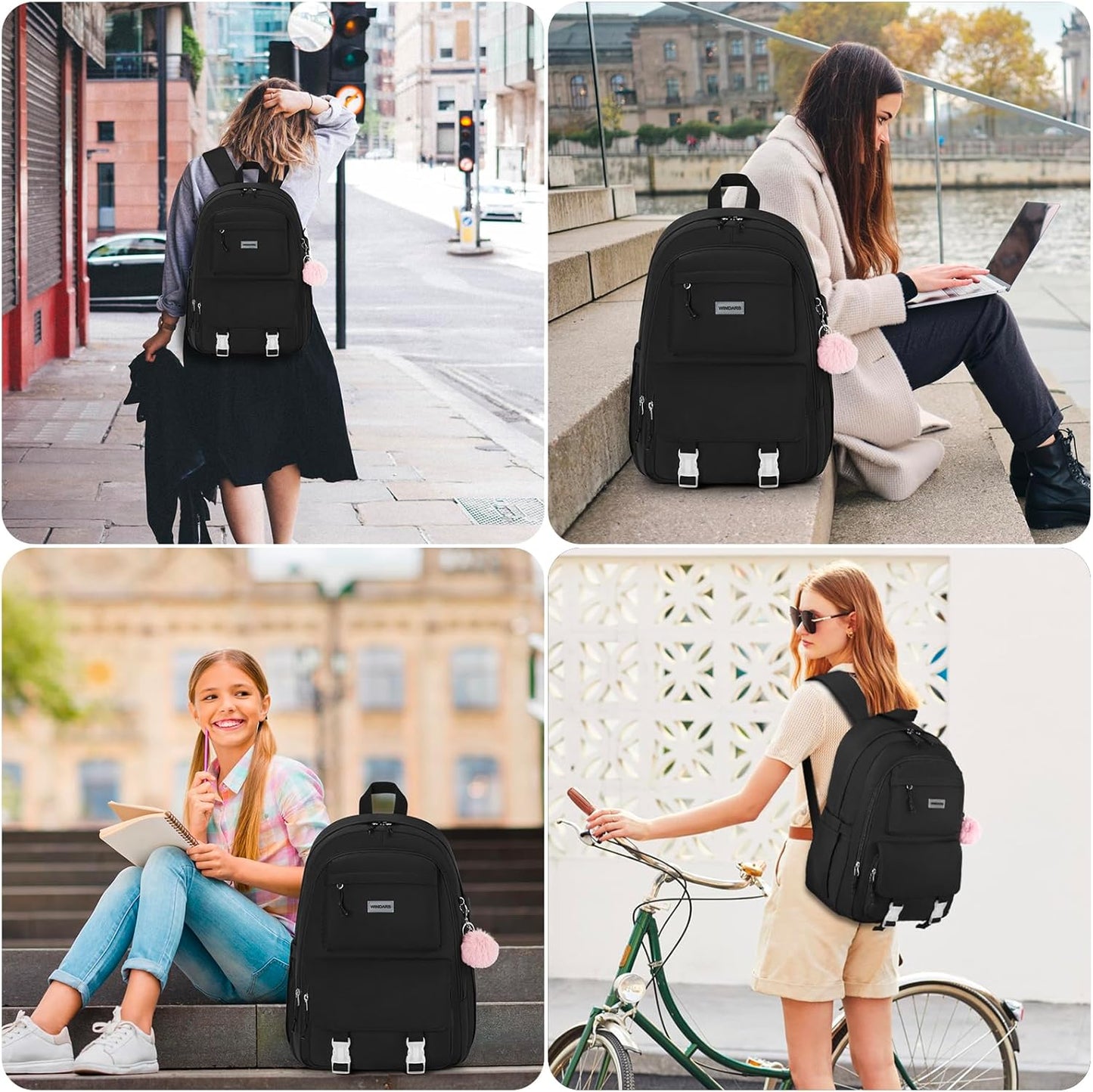 WINDARS Backpacks for Girls, 15.6 Inch School Bag Cute Waterproof laptop Bookbag Large College Backpack for Teen Women Students Anti Theft Travel Daypack Black
