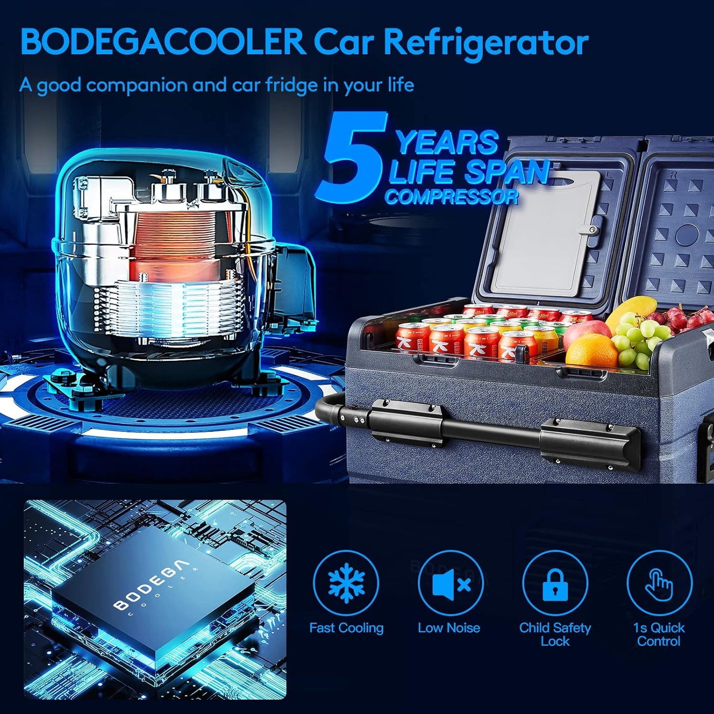 BODEGACOOLER 12V Portable Refrigerator Dual Zone 48 Quart, 45L Portable Car Fridge Freezer, -4℉-68℉℉ Car Cooler WIFI APP Control 12/24V DC and 100-240V AC for Camping,Travel, Home Use