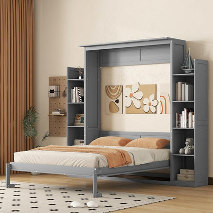 Merax Queen Size Murphy Bed with 2 Five-Layer Cabinet, Wall Bed with Shelves and Lights, Foldable Platform Bed Folded into Cabinet for Guest Room, Home and Office (Gray)