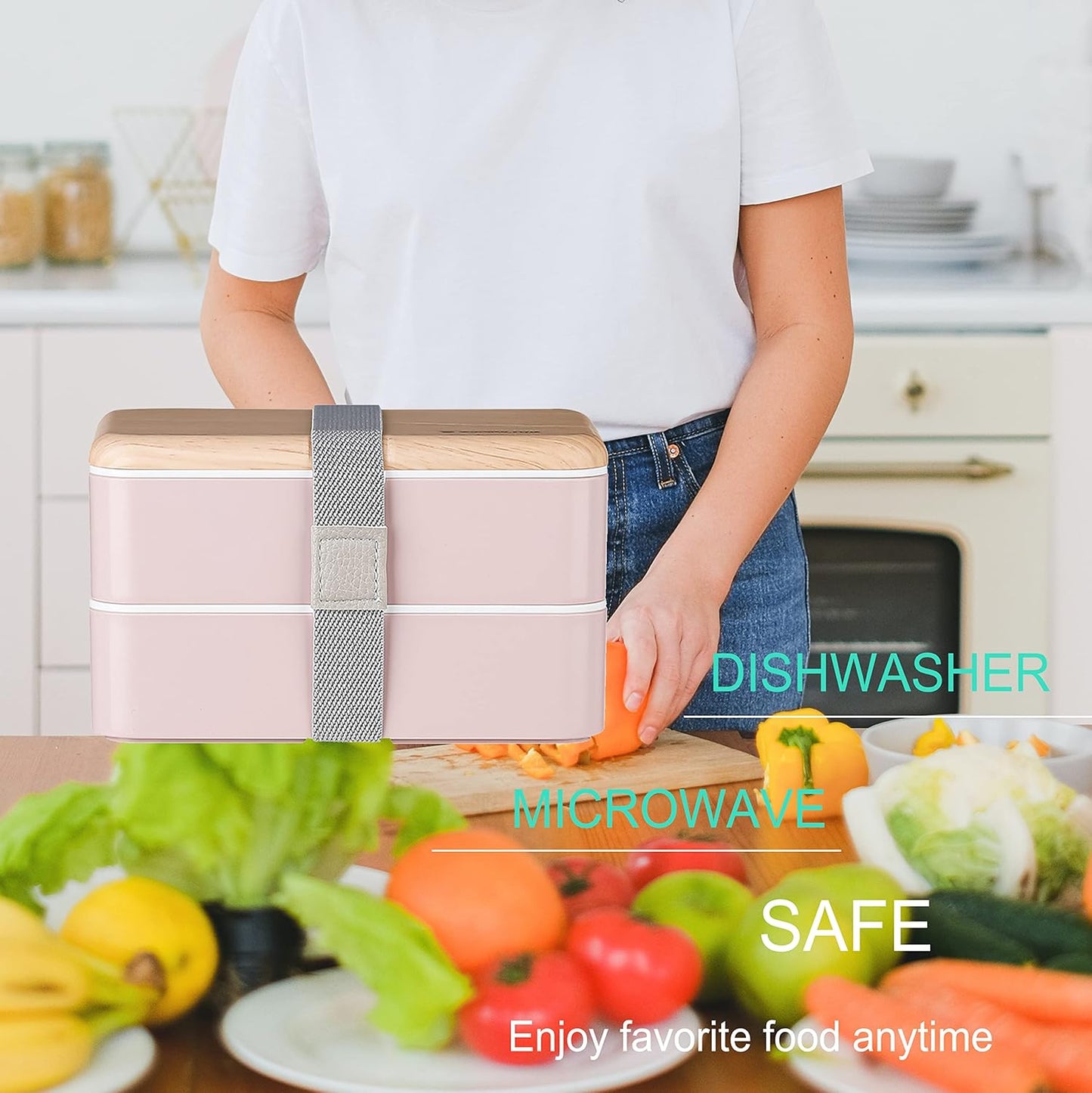 Original Bento Box Lunch Boxes Container Bundle Divider Japanese Style with Stainless Steel Utensils Spoon and Fork (Pink)