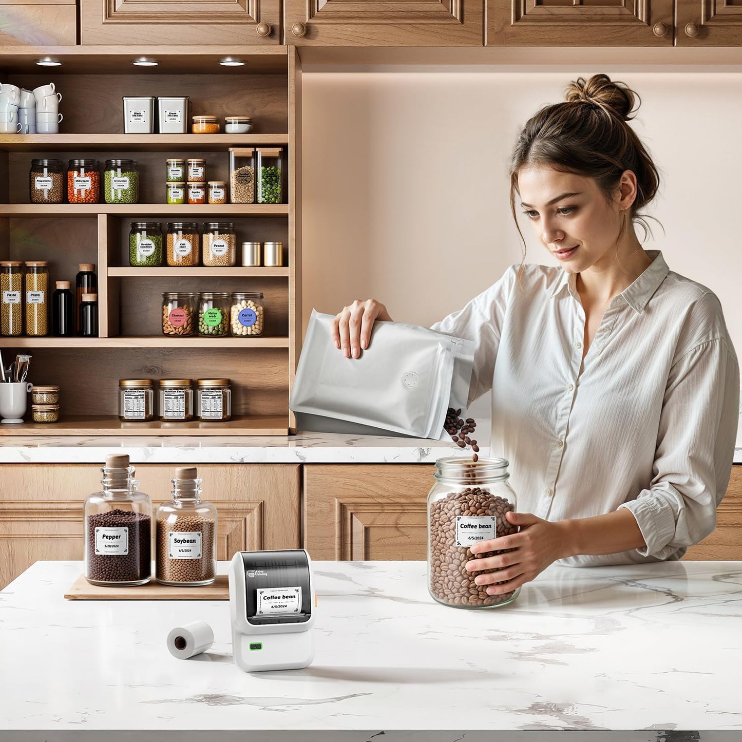 Bluetooth Thermal Label Maker Printer, Portable Inkless Labeling Machine with Waterproof Labels for Home, Kitchen, Office and Small Business