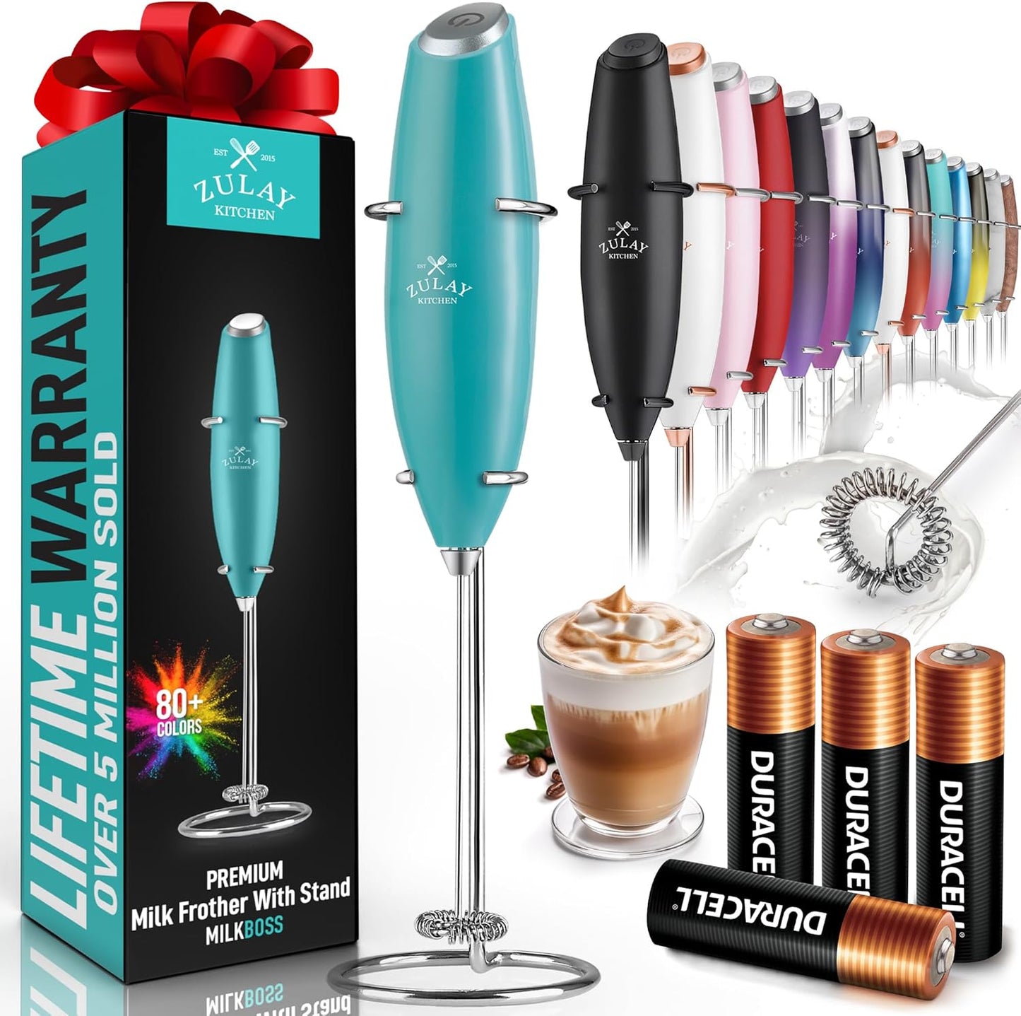 Zulay Milk Frother Complete Set Coffee Gift, Handheld Foam Maker for Lattes - Whisk Drink Mixer for Coffee, Mini Blender for Cappuccino, Frappe - Includes Frother, Stencils & Frothing Cup (Black)