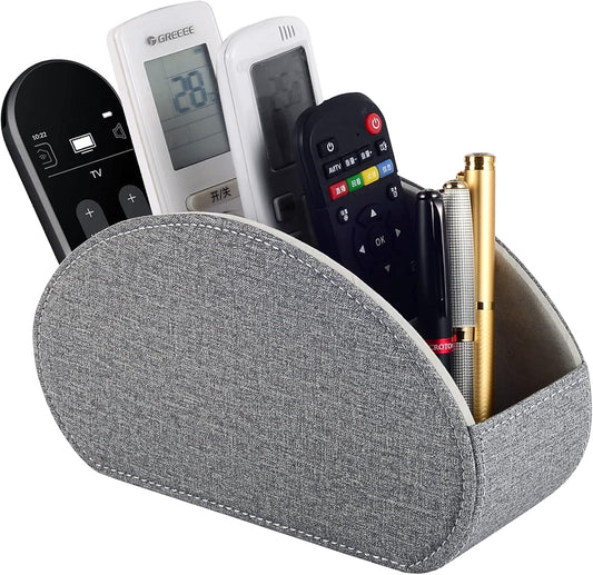 Tv Remote Holder Tray with 5 Compartments,PU Leather Remote Control Holder/Caddy Nightstand Decoration,Placed Media Remote Storage Box/Glasses/Makeup Brush/Office Products/Desktop Organizer (Grey）