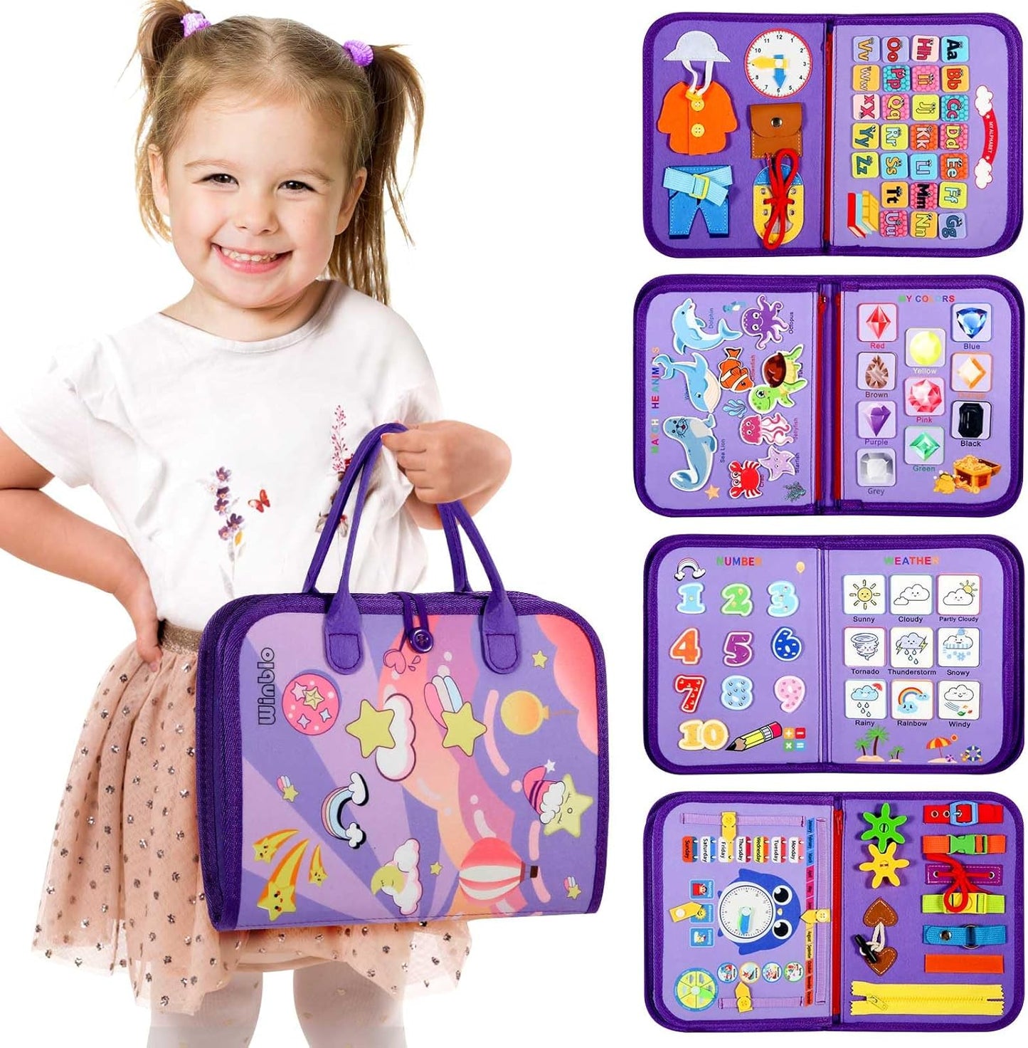 Winblo Toddler Busy Board - Montessori Toys for Toddler Girl Birthday Gift, Educational Learning Sensory Busy Book for Girls, Airplane Car Travel Activities Toy for Toddlers
