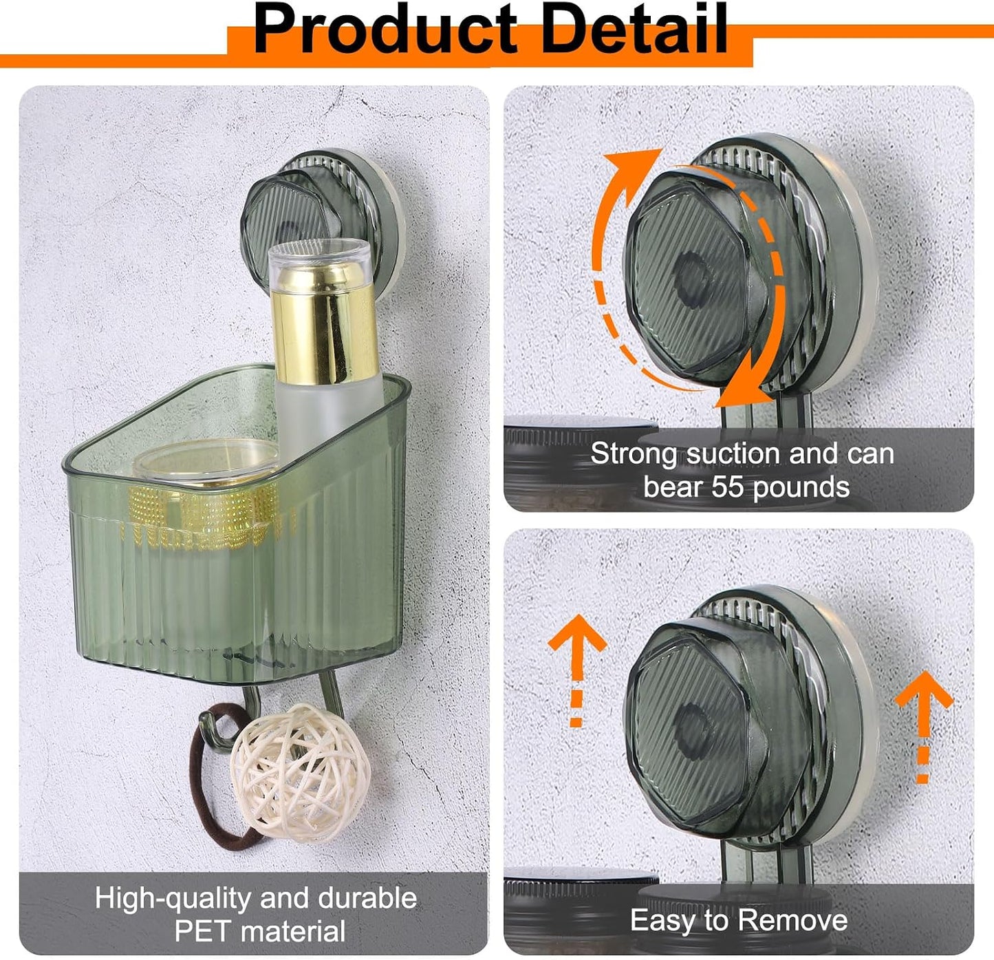 uxcell 1Set Suction Cup Shower Caddy with Hooks, 3Pcs Suction Cup Shower Organizer Shelf Wall Mount Dispenser Rack Storage Shelf for Bathroom Kitchen, Green