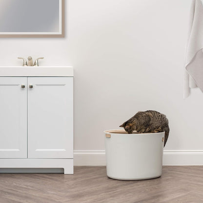 IRIS USA Top Entry Cat Litter Box with Scoop - Large - Stylish Enclosed Round Oval Kitty Dog Proof Box, Litiere Pour Chat Bac - White/Beige