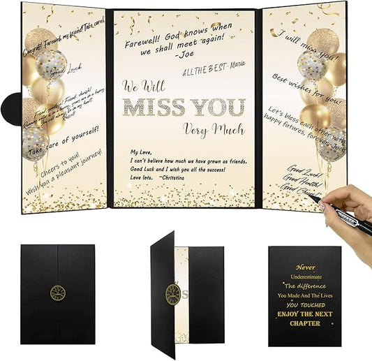 DARUNAXY Black Gold Farewell Party Decorations, We Will Miss You Very Much Alternative Signature Guest Book for Men Women Going Away Gifts Signing Card Board for Retirement Graduation Party Supplies