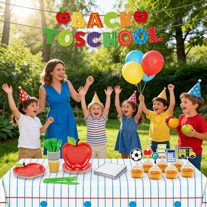 Mostop 100 Pcs Back to School Disposable Tableware Set Preschool Graduation Party Decoration Apple Paper Plate Pencil Cup and Napkins for 25 Guest First Day of School Supplies