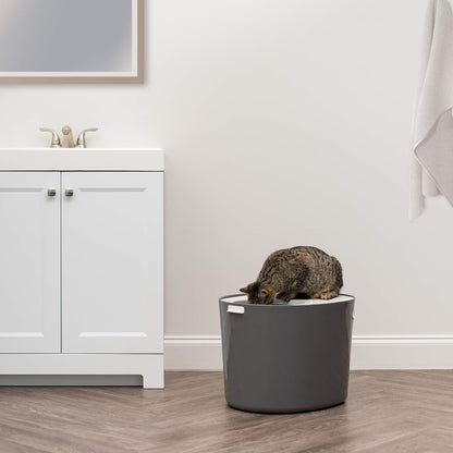IRIS USA Top Entry Cat Litter Box with Scoop - Large - Stylish Enclosed Round Oval Kitty Dog Proof Box, Litiere Pour Chat Bac - White/Beige