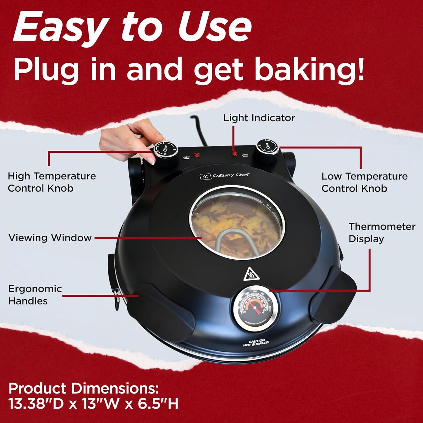 CULINARY CHEF Electric Pizza Oven with Ceramic Stone, Viewing Window, Adjustable Heat Control, Timer and 1200W Baking Power, DIY Homemade Pizzeria, Large 12” Pie Capacity (Red)