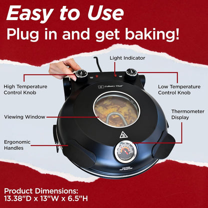 CULINARY CHEF Electric Pizza Oven with Ceramic Stone, Viewing Window, Adjustable Heat Control, Timer and 1200W Baking Power, DIY Homemade Pizzeria, Large 12” Pie Capacity (Red)