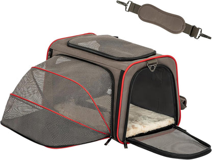 Petsfit Expandable Cat Dog Carrier Airline Approved, 17" L x 11" W x 11" H Soft-Sided Portable Pet Travel Carrier for Kitten, Puppy, Removable Soft Plush Mat and Pockets, Auto-Locking Zippers