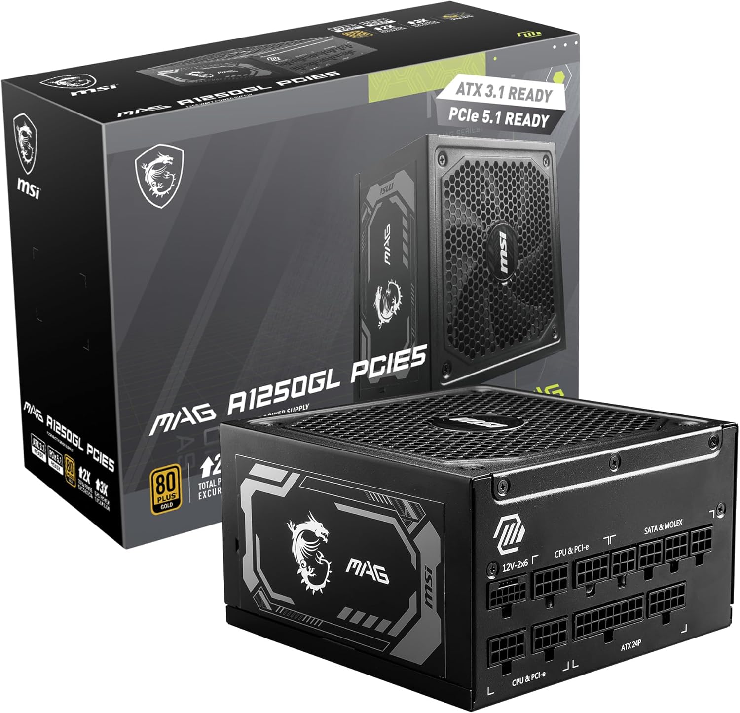 MSI MAG A750GL PCIE 5 Gaming Power Supply - Full Modular - 80 Plus Gold Certified 750W - Compact Size - ATX PSU - PuriLite