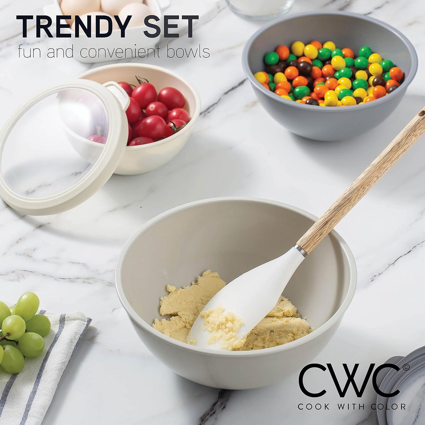 COOK WITH COLOR Mixing Bowls with TPR Lids - 12 Piece Plastic Nesting Bowls Set Includes 6 Prep Bowls and 6 Lids, Microwave Safe Mixing Bowl Set (Mint)