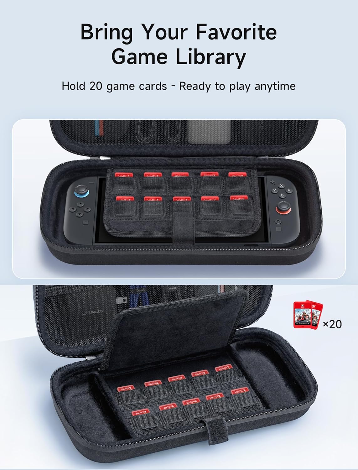 JSAUX Carrying for Nintendo Switch 2 2025, Hard Shell Travel Case with 20 Game Card Slots, Large Accessory Pocket for Joy-Con, Charger, Cables, Stylish Protective Bag for Switch 2, Black