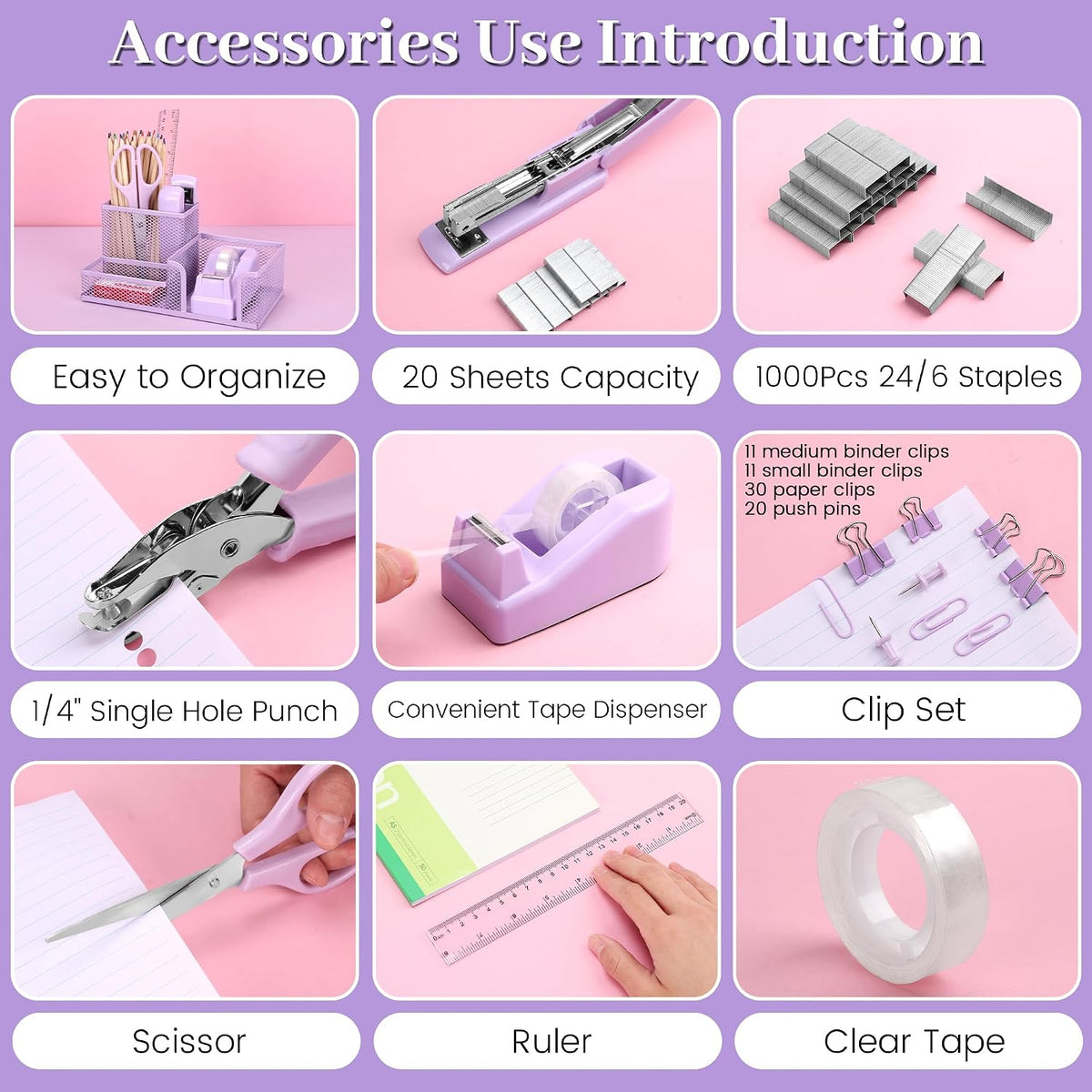 Purple Office Desk Accessories, 9 Pcs Desk Organizers and Accessories with Mesh Pen Holder, Stapler, Tape Dispenser, Hole Punch, Office Supplies Set for Office Home School Women Students Gift