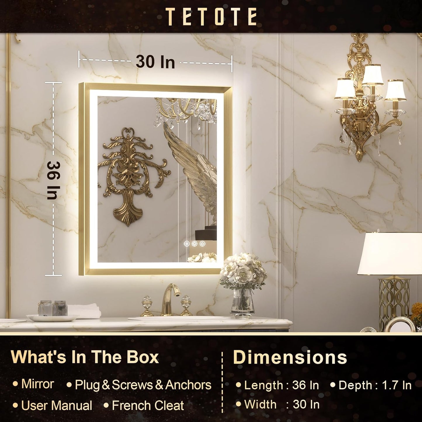 TETOTE 28x36 LED Mirror for Bathroom Black Metal Frame Frontlit & Backlit Lighted Vanity Mirror Baroque Gothic Anti Fog Stepless Dimmable White/Warm/Natural,Wall Mounted(Horizontal/Vertical)