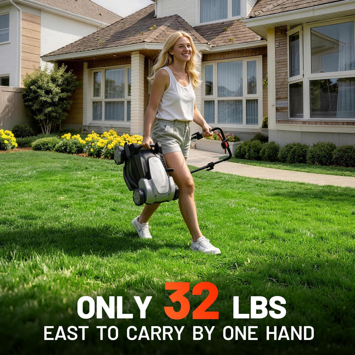 Litheli 40V Cordless Lawn Mower 16″, Brushless Motor, 6 Cutting Heights (25-75mm), 50L Bagging & Mulching, Includes 2×5.0Ah Batteries & Charger