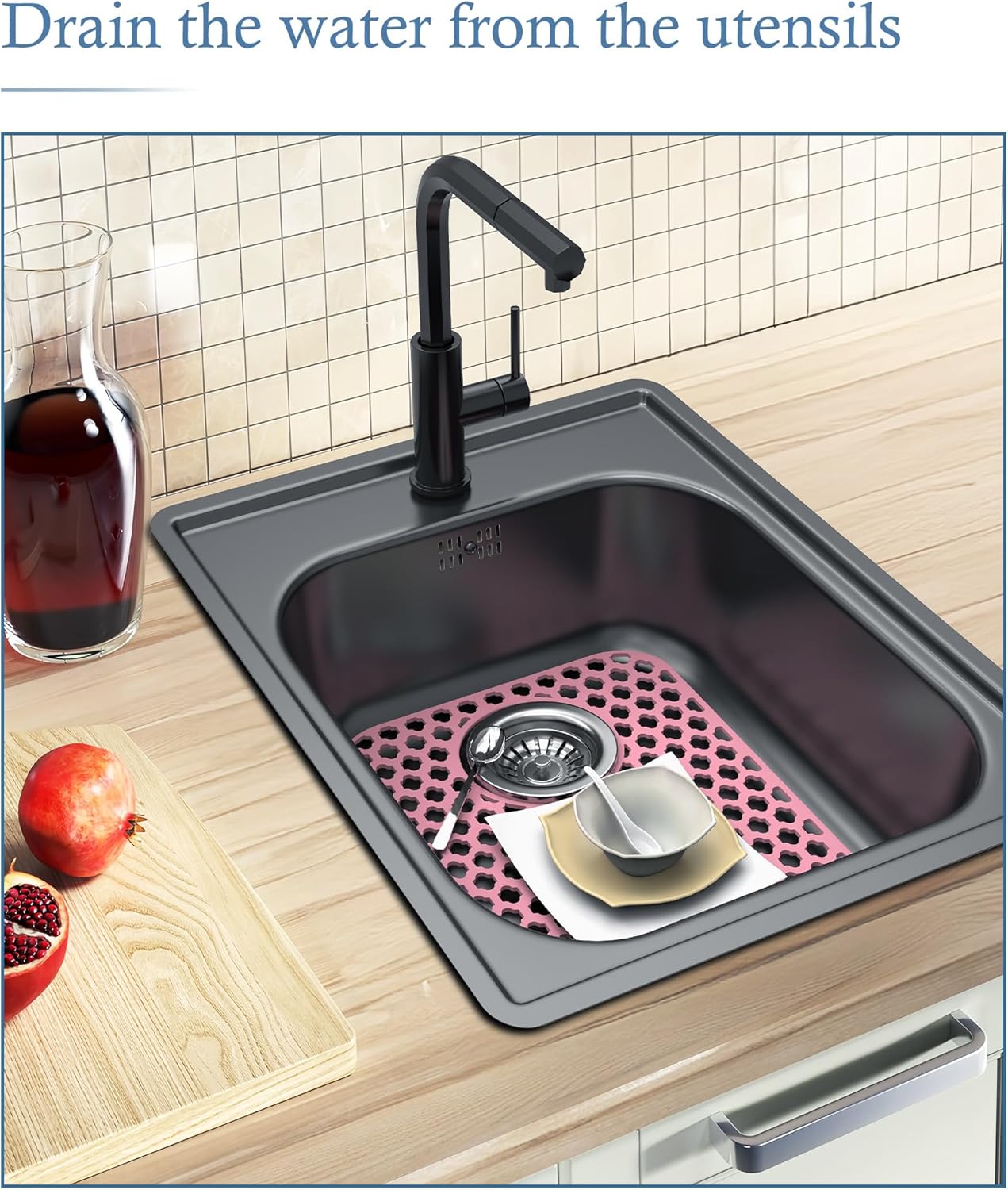 BEHOK 2 Pack Silicone Sink Protector for Kitchen Sink Bathroom Sink 13.58"x 11.6" Sink Mat, Non-Slip and Durable Silicone Sink Grid, Rear Drain (Gray)