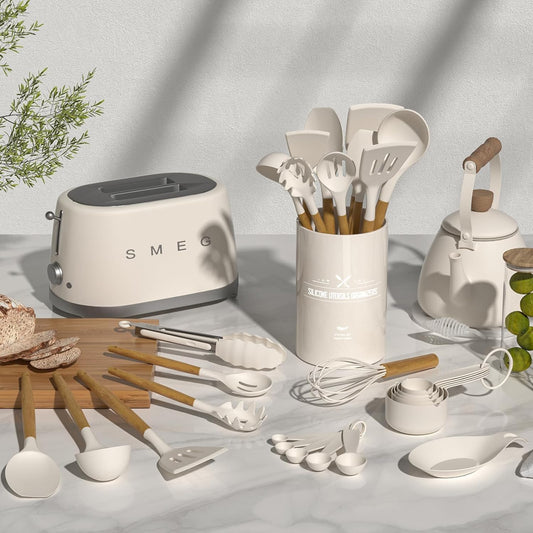 Umite Chef Kitchen Cooking Utensils Set, 33 pcs Non-Stick Silicone Cooking Kitchen Utensils Spatula Set with Holder, Wooden Handle Silicone Kitchen Gadgets Utensil Set (Khaki) - PuriLite