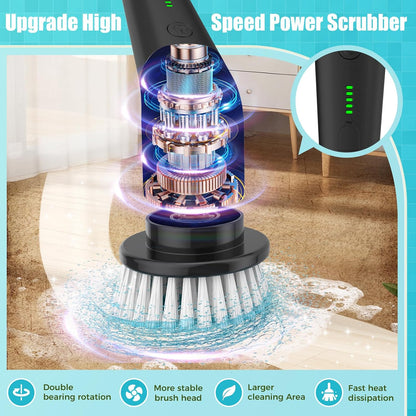 YKYI Electric Spin Scrubber,Cordless Electric Cleaning Brush,Shower Scrubber with 8 Replaceable Brush Heads,Power Scrubber 2 Adjustable Speeds,Bathroom Brush with Long Handle for Bathtub,Tile,Floor