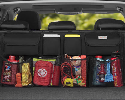 SURDOCA Car Trunk Organizer, 3rd Gen [7 Times Upgrade] Super Capacity Car Organizer, Equipped with [Robust Elastic Net & 3 Magic Stick] Car Trunk Tidy Storage Bag with Lids, Space Saving Expert-Black