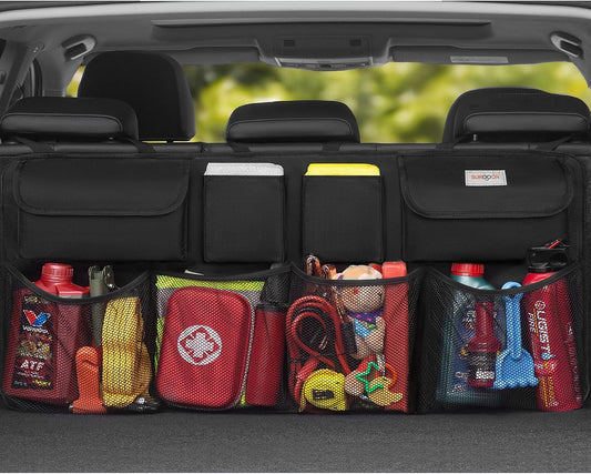 SURDOCA Car Trunk Organizer, 3rd Gen [7 Times Upgrade] Super Capacity Car Organizer, Equipped with [Robust Elastic Net & 3 Magic Stick] Car Trunk Tidy Storage Bag with Lids, Space Saving Expert-Black