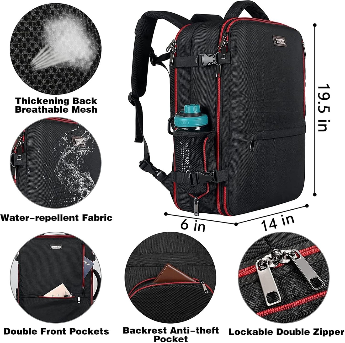 Mogplof Carry on Backpack, Airline Flight Approved Travel Backpack for Men, WOmen 40L Extra Large Expandable Water Resistant Backpack Lightweight Daypack Perfect Fit for 17 17.3 Inch Laptop, Black