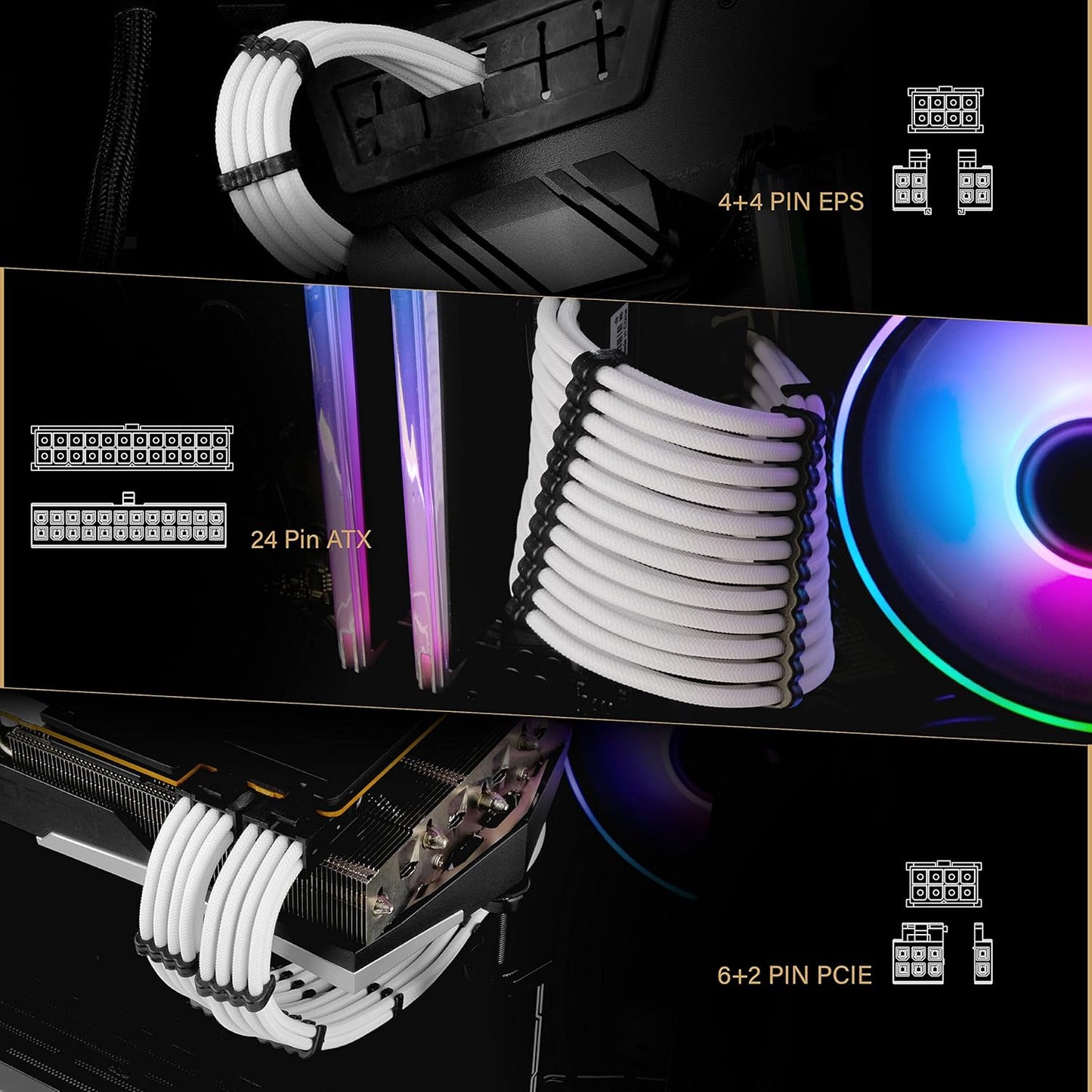 EZDIY-FAB PSU Extension Cable Sleeved Custom Mod PC Power Supply Cable, Soft Nylon Braided with Comb Kit 24PIN/8PIN to 6+2Pin/ 8PIN to 4+4PIN-30CM 300MM - All White Edition