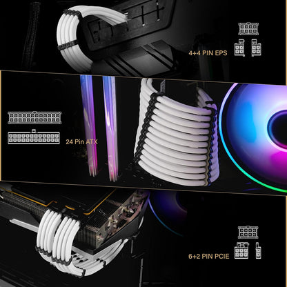 EZDIY-FAB PSU Extension Cable Sleeved Custom Mod PC Power Supply Cable, Soft Nylon Braided with Comb Kit 24PIN/8PIN to 6+2Pin/ 8PIN to 4+4PIN-30CM 300MM - All White Edition