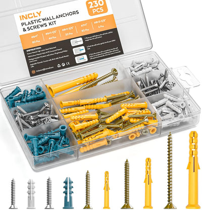 INCLY 230 PCS Drywall Anchors and Screws Assortment Kit,115 Plastic Self Drilling Wall Anchors for Drywall and 115 Flat Head Screw,5 Sizes Heavy Duty Galvanized Screw and Wall Plug Bolts with Box