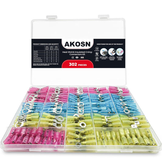 302-Piece Heat Shrink Wire Terminal Connector Kit, Waterproof Crimp Connectors for Automotive, Marine & Home Wiring, Ring, Fork, Spade, Quick Disconnect, AWG 22-10 - PuriLite