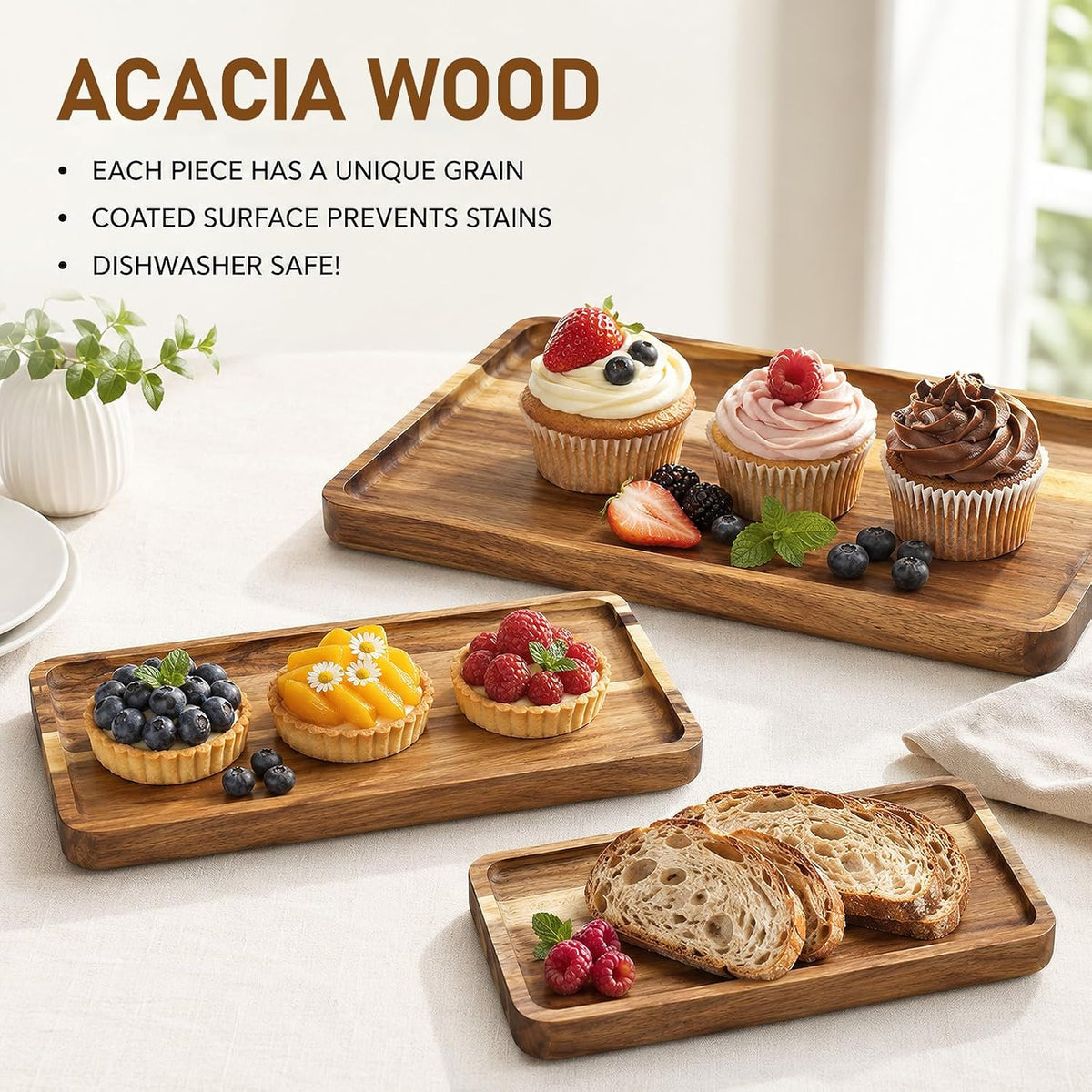 6 Pack Acacia Wood Serving Trays, Wooden Serving Platters in 3 Sizes, Rectangular Wood Food Trays for Bread Fruit Dessert Snack Coffee Table Countertop Kitchen Serving Board