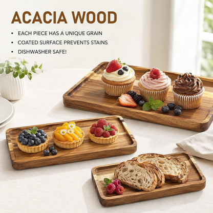 6 Pack Acacia Wood Serving Trays, Wooden Serving Platters in 3 Sizes, Rectangular Wood Food Trays for Bread Fruit Dessert Snack Coffee Table Countertop Kitchen Serving Board