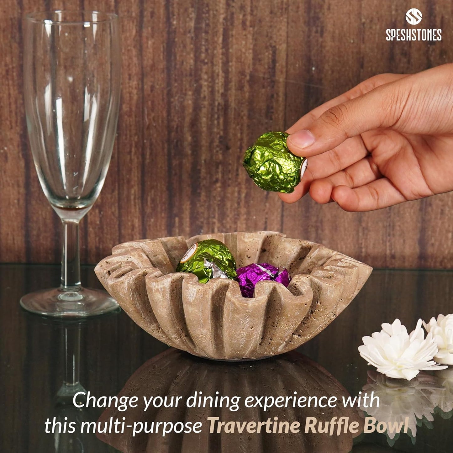 Handmade Travertine Decorative Bowl | Ruffle Stone Bowl | Scalloped Key Bowl | Entryway Accent Bowl | Table Centerpiece Bowl