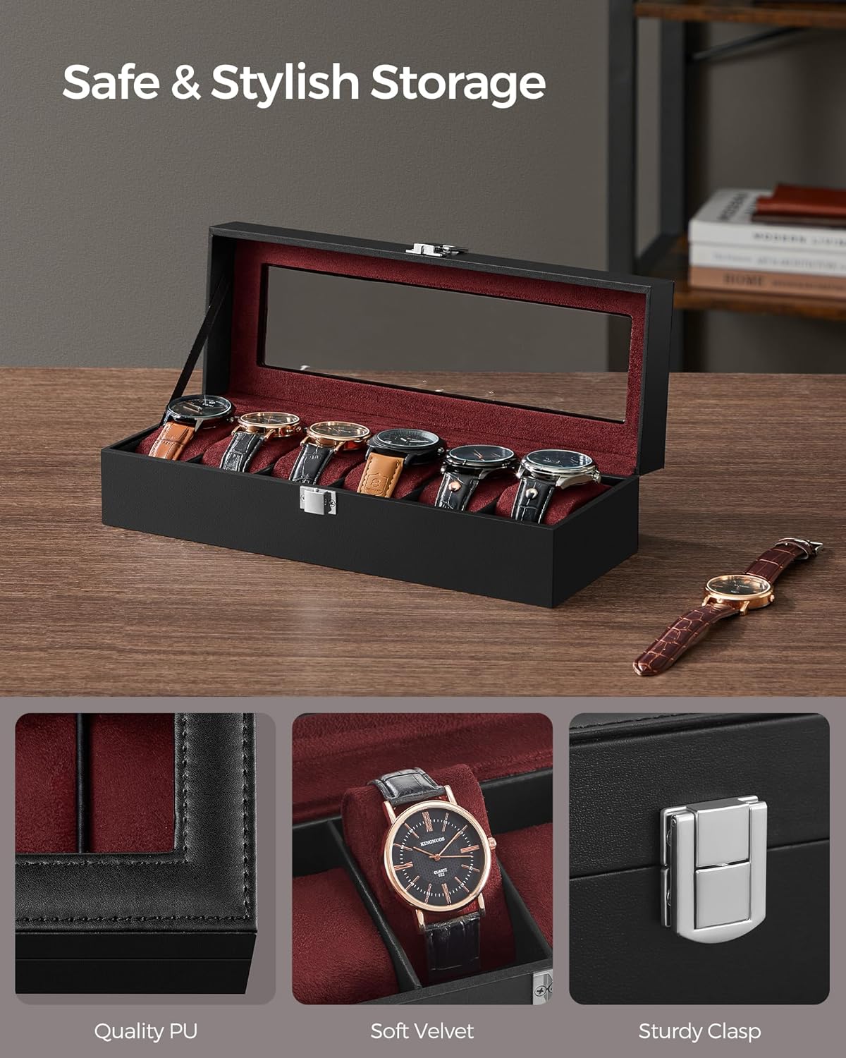 SONGMICS Watch Box, 6-Slot Watch Case, Watch Box Organizer, Black Synthetic Leather, Greenish Gray Lining UJWB06BK