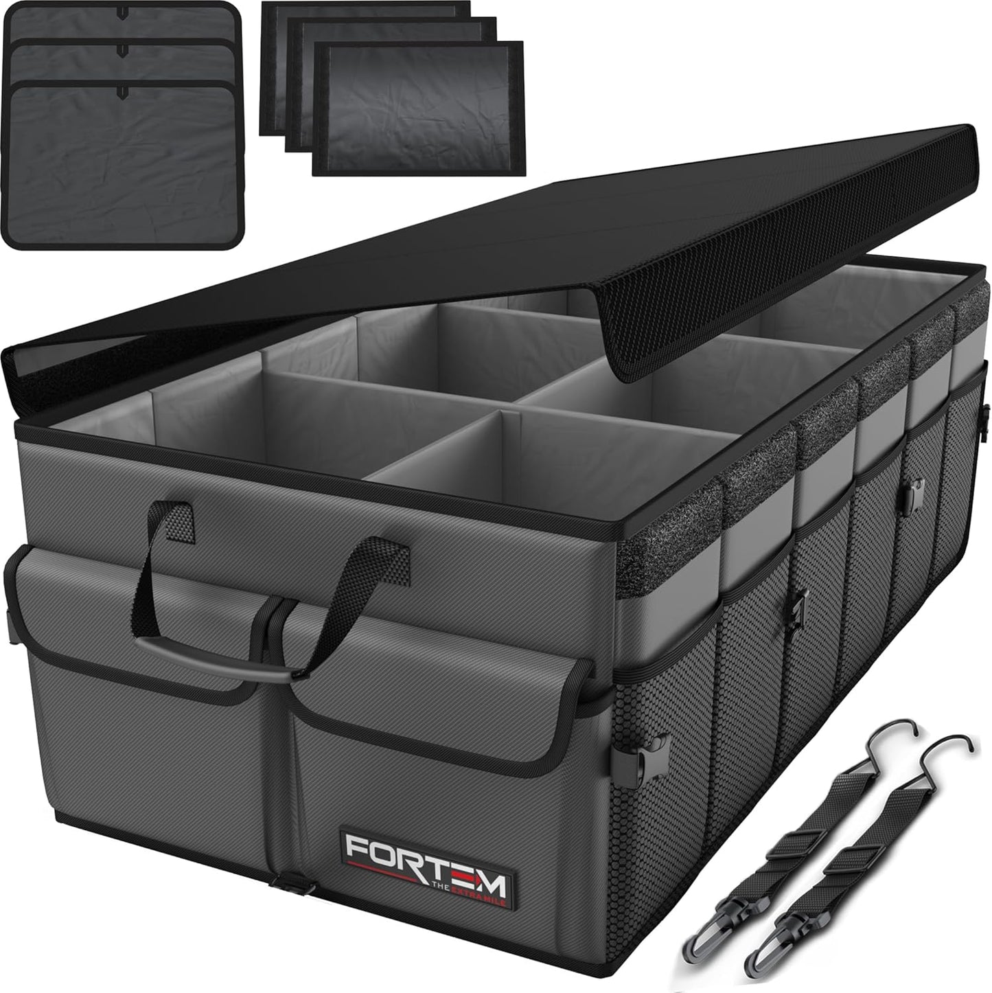 FORTEM Car Trunk Organizer, Collapsible Multi Compartment Car Organizer, Foldable SUV Storage for Car Accessories for Women Men, Non Slip Bottom, Securing Straps, Soft Cover 50L (Black, Standard)