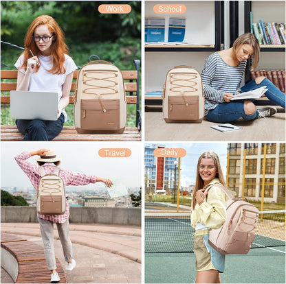 WINDARS School Backpack for Teens Girls, Aesthetic College Backpack Large Bookbag for Women Students Fashion 15.6 Inch Laptop Bag for Work Travel (Khaki Beige)